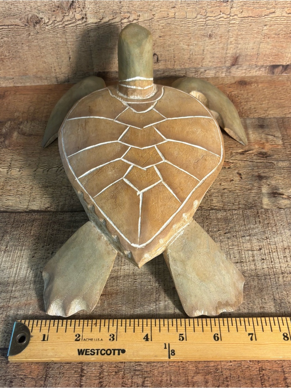 Vtg Hand Carved 11” Wooden Sea Turtle Figurine - Nautical Boho Coastal Wood Art - Picture 7 of 8